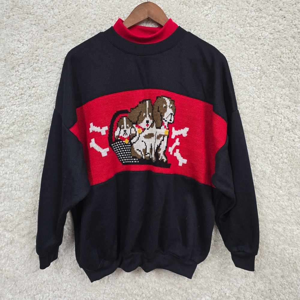 Vintage Stepping Stones Puppy Dog Sweatshirt Women 24W Black Red Knit Graphic